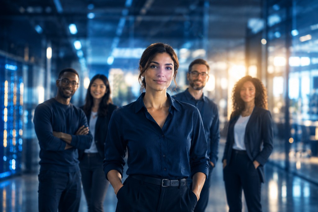 Team of professionals in a modern technology corridor.