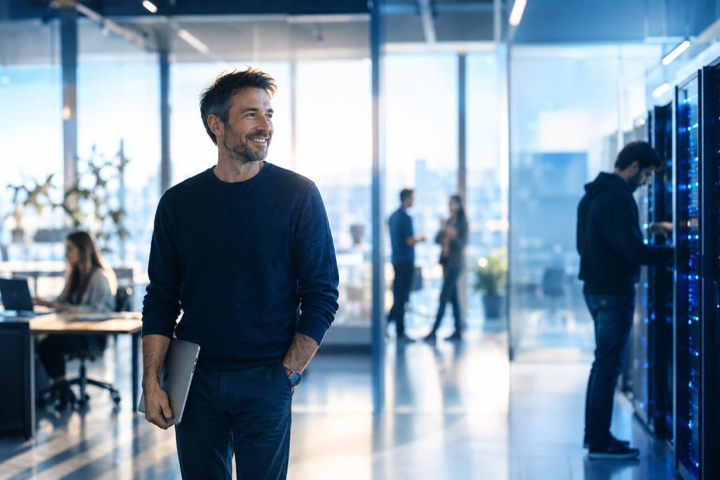 Technology professional holding a tablet in a bright modern office, with colleagues and server infrastructure in the background.
